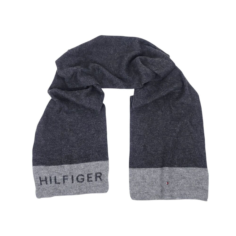 Tommy Hilfiger Scarf Vintage Mens Knit Logo Long Rectangle Wrap Gray Womens